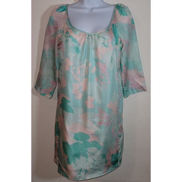 Tara Jarmon Dresses & Skirts - VTG Tara Jarmon Green Pink Retro Shift Mini Dress 38 US M 8 10 100% Silk